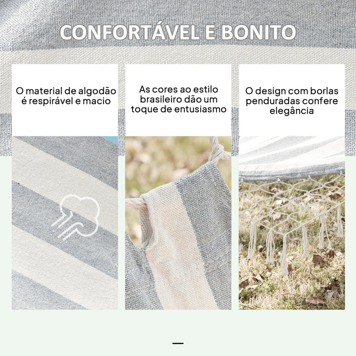 Cama Rede de Jardim 200x100 cm Rede Suspensa com Travessas de Madeira Carga 120 kg para Pátio Terraço Varanda Campismo Creme e Cinza