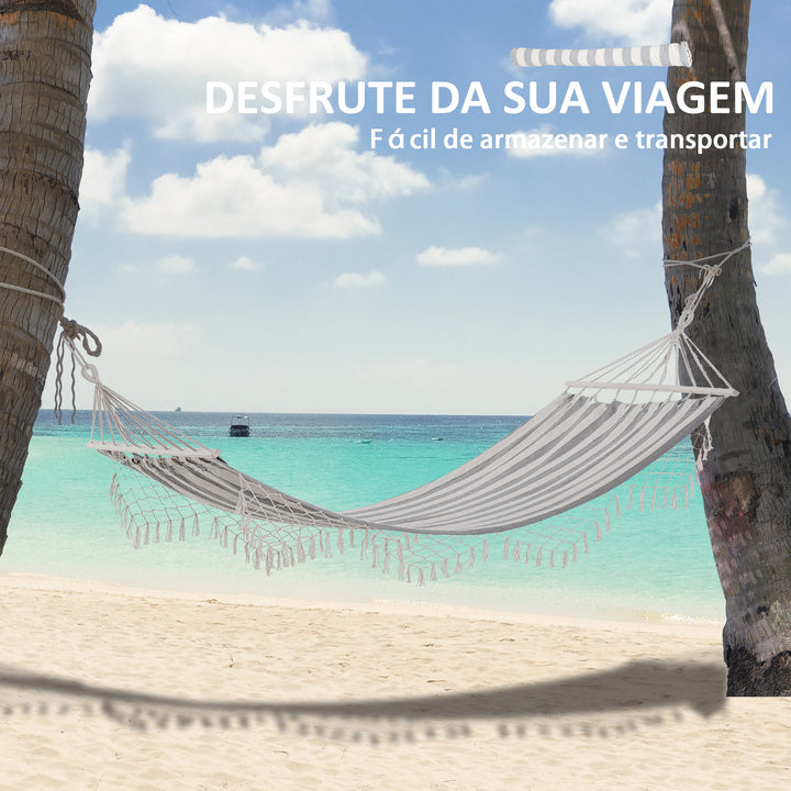 Cama Rede de Jardim 200x100 cm Rede Suspensa com Travessas de Madeira Carga 120 kg para Pátio Terraço Varanda Campismo Creme e Cinza