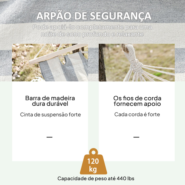 Cama Rede de Jardim 200x100 cm Rede Suspensa com Travessas de Madeira Carga 120 kg para Pátio Terraço Varanda Campismo Creme e Cinza