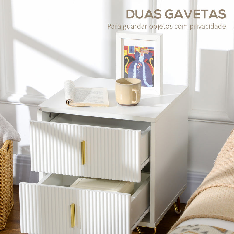 Mesa de Cabeceira com 2 Gavetas Mesa Auxiliar com Pés de Metal para Sala de Estar Dormitório Carga Máxima 40 kg 40x40x47 cm Branco e Dourado