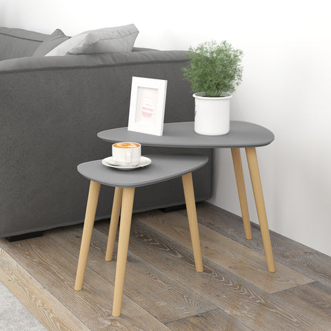 Conjunto de 2 Mesas Auxiliares com Pés de Madeira Mesas de Café para Sala de Estar Dormitório Escritório 59,5x39,5x45cm e 44,5x28,5x40 cm Cinza