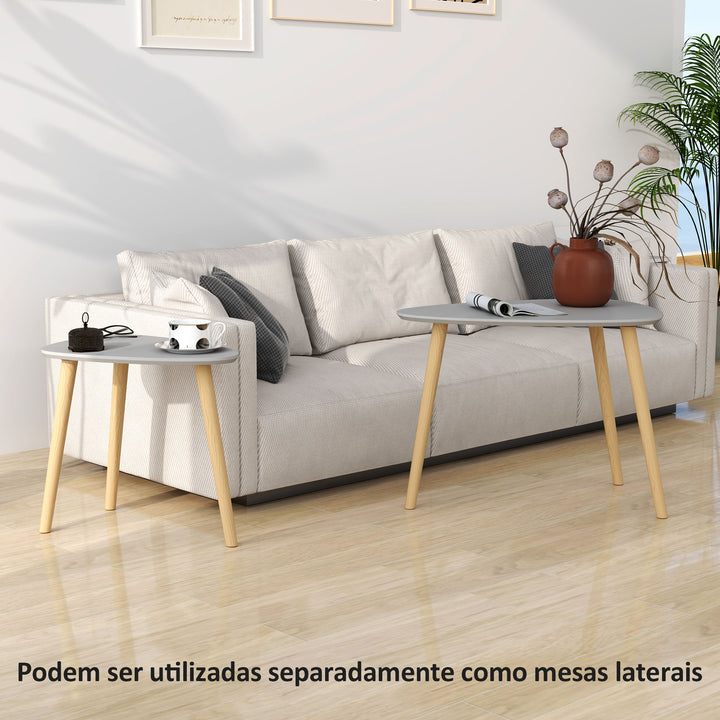 Conjunto de 2 Mesas Auxiliares com Pés de Madeira Mesas de Café para Sala de Estar Dormitório Escritório 59,5x39,5x45cm e 44,5x28,5x40 cm Cinza