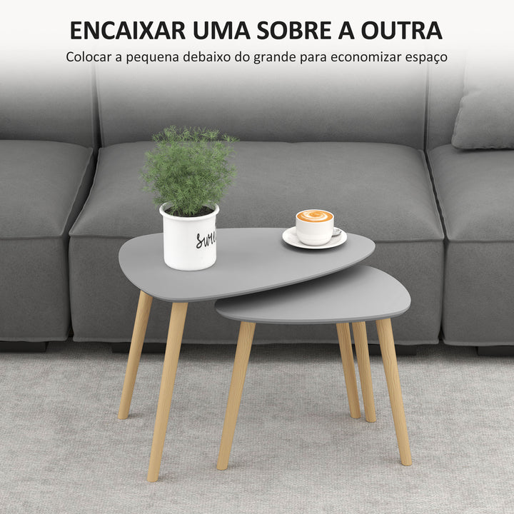 Conjunto de 2 Mesas Auxiliares com Pés de Madeira Mesas de Café para Sala de Estar Dormitório Escritório 59,5x39,5x45cm e 44,5x28,5x40 cm Cinza