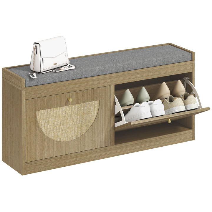 Banco Sapateira Banco de Entrada Boémio com Assento Acolchoado Portas Frentes de Vime Prateleira Ajustável para 8 Pares de Sapatos 105x35x47 cm Madeira
