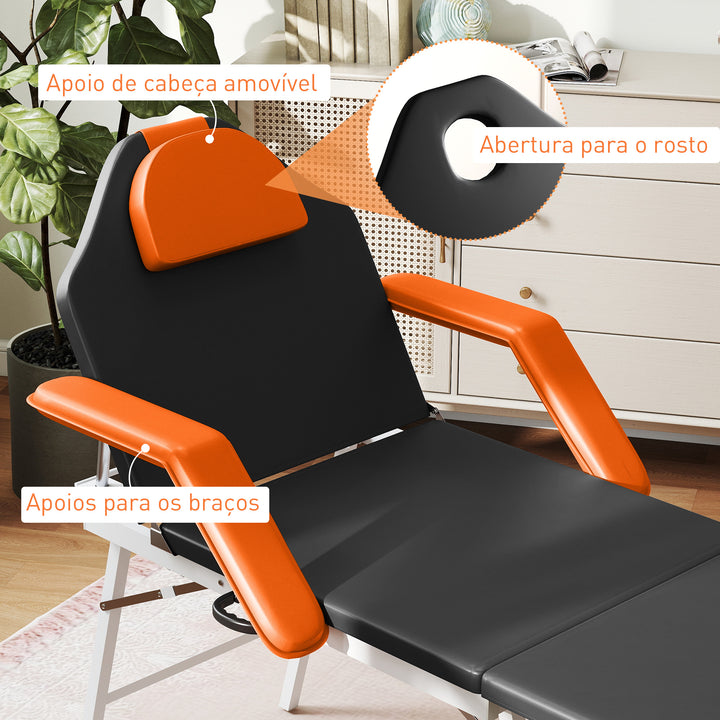 Marquesa de Massagem Dobrável Portátil Marquesa Estética Profissional de 3 Zonas com Altura Ajustável Encosto de Cabeça Removível Descansos de Braço Acolchoados 182x82x68 cm Laranja