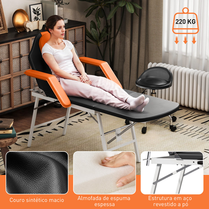 Marquesa de Massagem Dobrável Portátil Marquesa Estética Profissional de 3 Zonas com Altura Ajustável Encosto de Cabeça Removível Descansos de Braço Acolchoados 182x82x68 cm Laranja