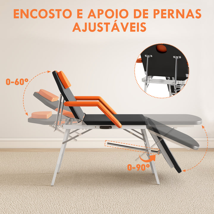 Marquesa de Massagem Dobrável Portátil Marquesa Estética Profissional de 3 Zonas com Altura Ajustável Encosto de Cabeça Removível Descansos de Braço Acolchoados 182x82x68 cm Laranja