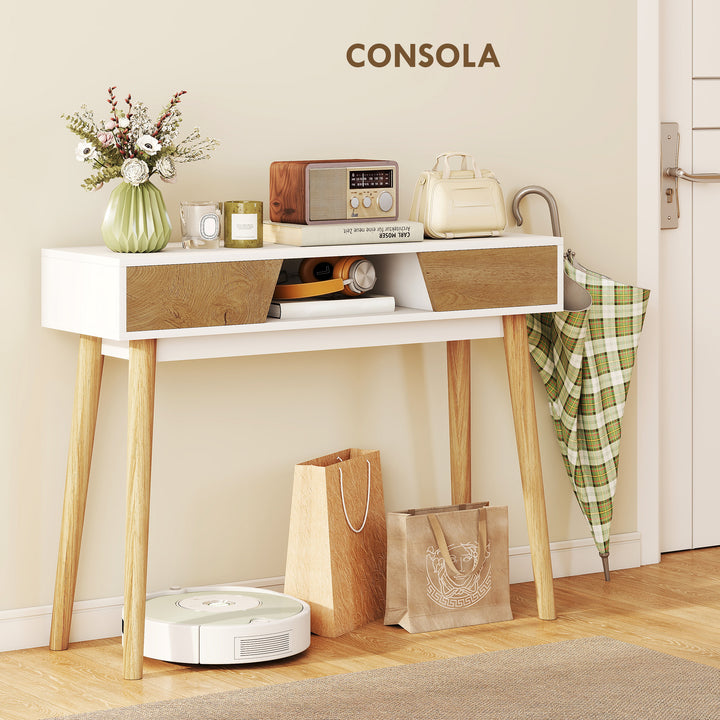 Mesa de Consola Estreita Consola de Entrada Mesa Consola Moderna com 2 Gavetas Compartimento e Pés de Madeira para Corredor Entrada Sala de Estar Dormitório 100x30x75 cm Branco