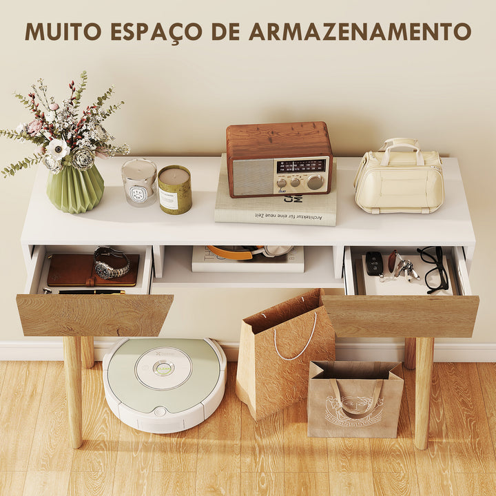 Mesa de Consola Estreita Consola de Entrada Mesa Consola Moderna com 2 Gavetas Compartimento e Pés de Madeira para Corredor Entrada Sala de Estar Dormitório 100x30x75 cm Branco