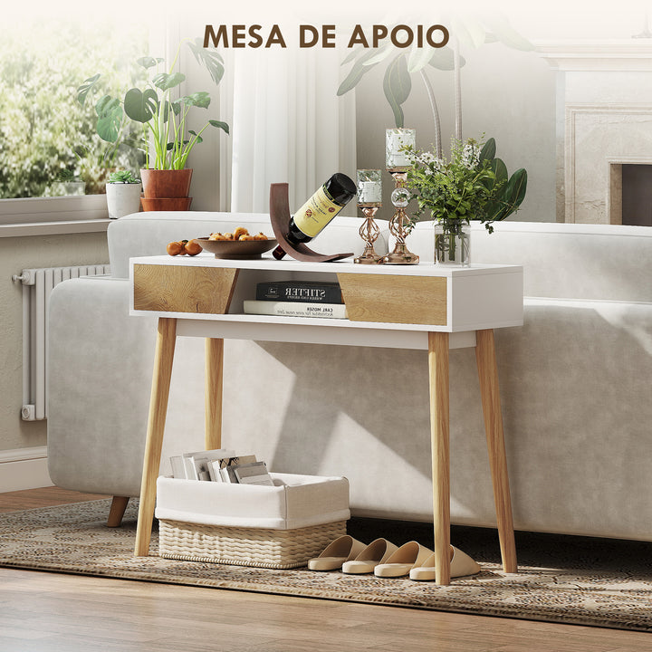 Mesa de Consola Estreita Consola de Entrada Mesa Consola Moderna com 2 Gavetas Compartimento e Pés de Madeira para Corredor Entrada Sala de Estar Dormitório 100x30x75 cm Branco