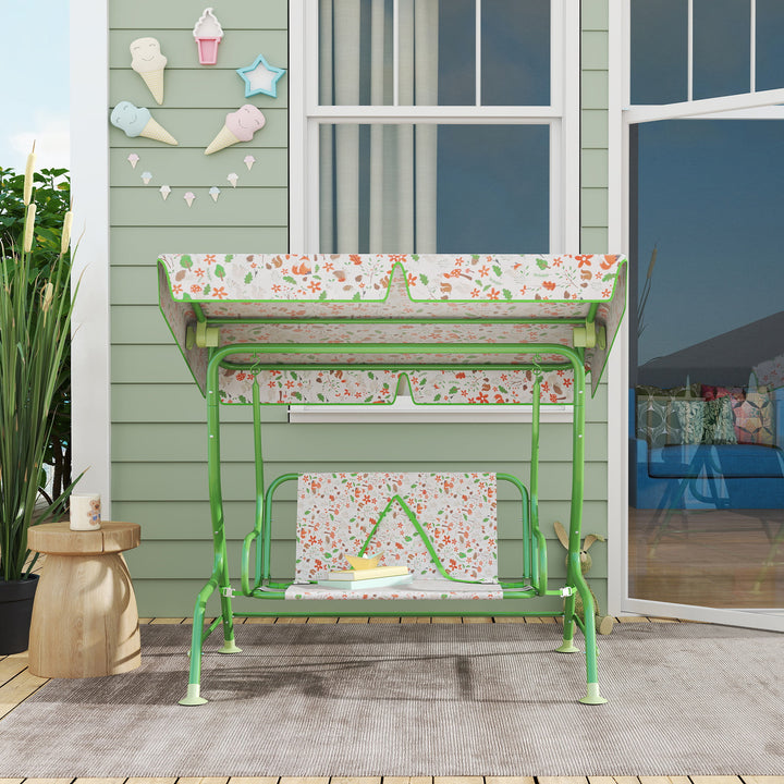 Baloiço de Jardim para Crianças acima de 3 Anos Baloiço Infantil de Exterior com 2 Lugares Toldo Ajustável Cinto de Segurança e Desenho de Borboletas 112x75x120 cm Verde