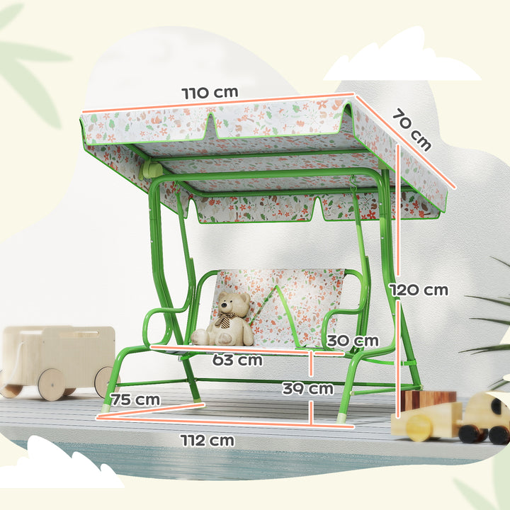 Baloiço de Jardim para Crianças acima de 3 Anos Baloiço Infantil de Exterior com 2 Lugares Toldo Ajustável Cinto de Segurança e Desenho de Borboletas 112x75x120 cm Verde