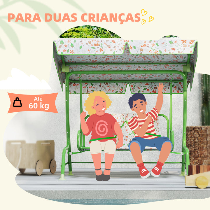Baloiço de Jardim para Crianças acima de 3 Anos Baloiço Infantil de Exterior com 2 Lugares Toldo Ajustável Cinto de Segurança e Desenho de Borboletas 112x75x120 cm Verde