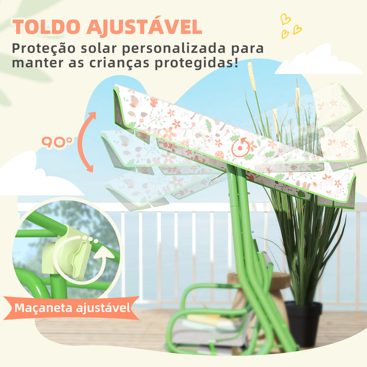 Baloiço de Jardim para Crianças acima de 3 Anos Baloiço Infantil de Exterior com 2 Lugares Toldo Ajustável Cinto de Segurança e Desenho de Borboletas 112x75x120 cm Verde