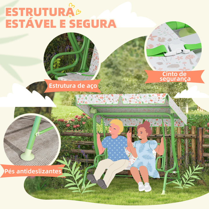 Baloiço de Jardim para Crianças acima de 3 Anos Baloiço Infantil de Exterior com 2 Lugares Toldo Ajustável Cinto de Segurança e Desenho de Borboletas 112x75x120 cm Verde