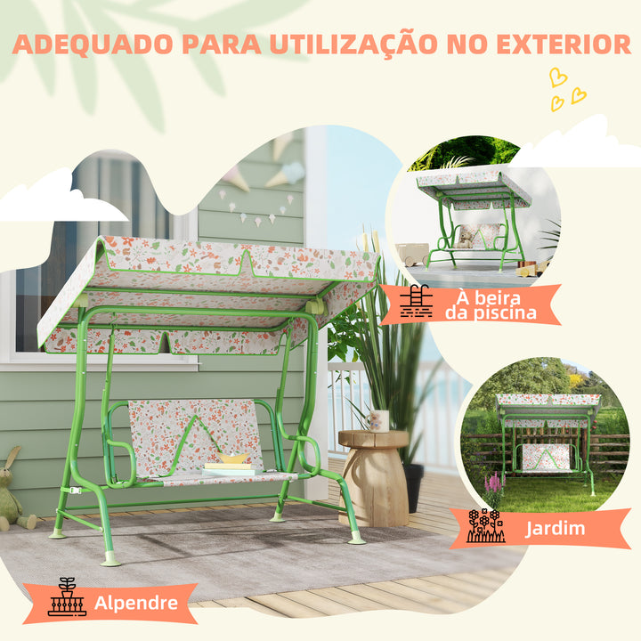 Baloiço de Jardim para Crianças acima de 3 Anos Baloiço Infantil de Exterior com 2 Lugares Toldo Ajustável Cinto de Segurança e Desenho de Borboletas 112x75x120 cm Verde