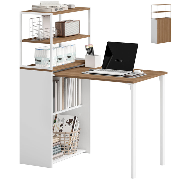 Secretária Dobrável com Estante Mesa de Secretária com 4 Prateleiras Mesa de Computador para Espaços Pequenos Estúdio, Escritório em Casa 105x60x127 cm Madeira