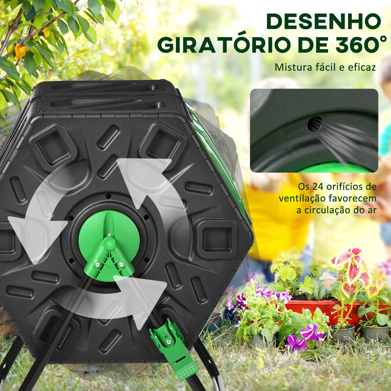 Compostor Giratório de 130L Recipiente de Compostagem de Jardim de Dupla Câmara Compostor com Aberturas de Ventilação e Pés de Aço 67x60x77 cm Preto e Verde