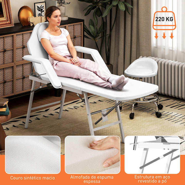 Marquesa de Massagem Dobrável Portátil de 3 Secções com Encosto e Suporte para Pernas Ajustáveis Apoio de Cabeça Removível Apoios de Braços Acolchoados para Spa 182x82 cm Branco