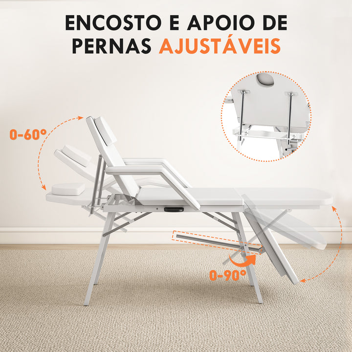 Marquesa de Massagem Dobrável Portátil de 3 Secções com Encosto e Suporte para Pernas Ajustáveis Apoio de Cabeça Removível Apoios de Braços Acolchoados para Spa 182x82 cm Branco