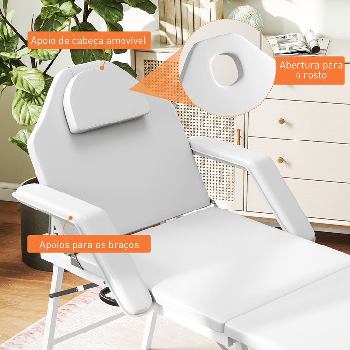 Marquesa de Massagem Dobrável Portátil de 3 Secções com Encosto e Suporte para Pernas Ajustáveis Apoio de Cabeça Removível Apoios de Braços Acolchoados para Spa 182x82 cm Branco