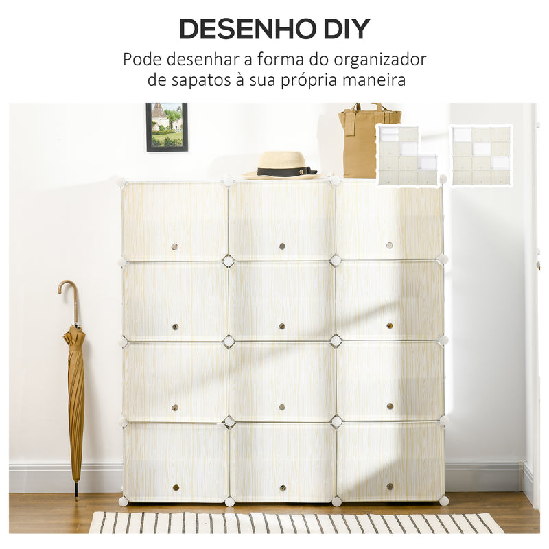 Armário Modular de Plástico Armário Portátil com 12 Cubos Organizadores de Sapatos Roupas Brinquedos para Entrada Corredor Dormitório 125x32x125cm Branco e Natural