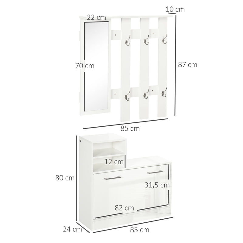 Móvel Cabide de Entrada com Espelho Cabide e Sapateira Móveis de Entrada com 6 Ganchos e Prateleiras para 8 Pares de Sapatos para Corredor Branco Brilhante