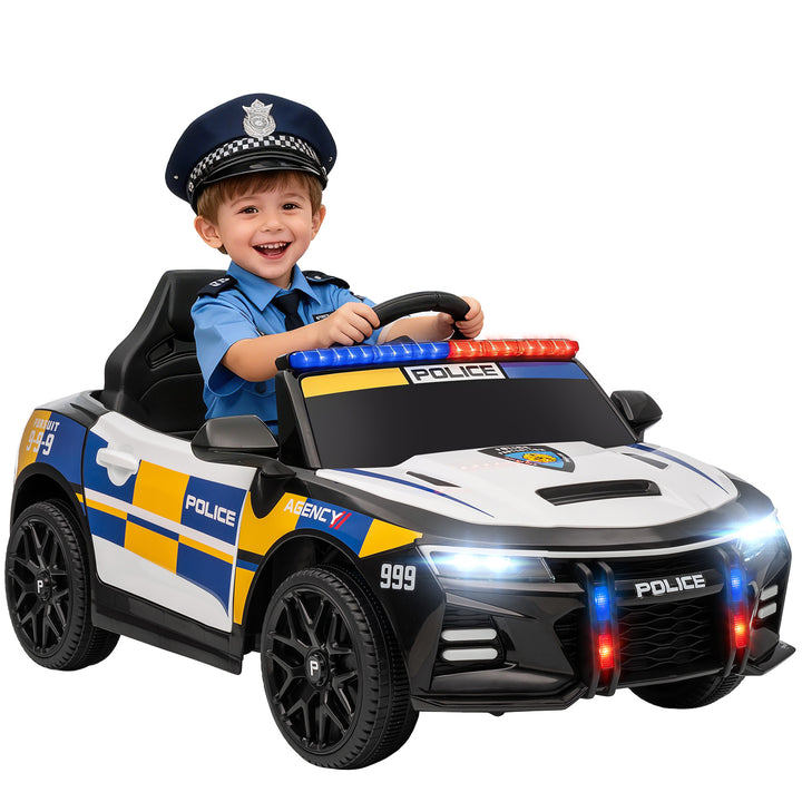 Carro Elétrico Infantil Modelo Policial 12V com Comando a Distância 2,4 Luzes Sirene Música USB e Suspensão 96x60x45 cm Multicor