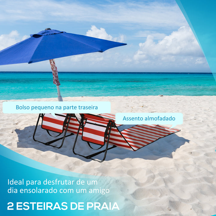 Conjunto de 2 Esteiras de Praia Dobrável Esteiras Acolchoadas com Encosto Reclinável e Bolsa de Transporte para Jardim Campismo 142x51x40 cm Branco e Vermelho