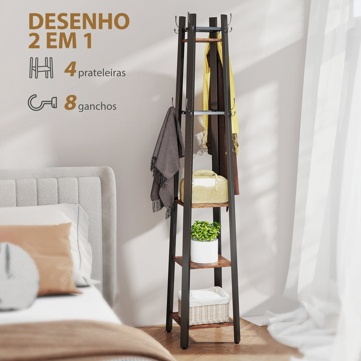 Cabideiro de Pé com 4 Níveis, 4 Prateleiras 8 Ganchos Estrutura Metálica para Entrada Sala de Estar Quarto Marrom Rústico
