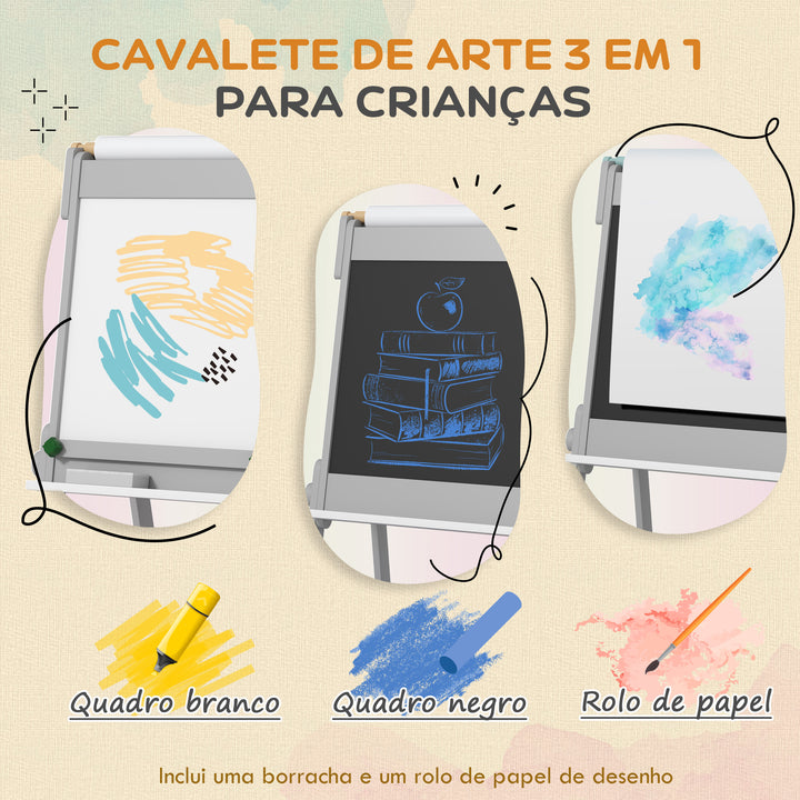 Cavalete para Crianças Cavalete de Pintura para Crianças 3 em 1 Ardósia Dupla com Rolo de Papel Apagador e Caixas de Arrumação 51x50x108 cm Cinza