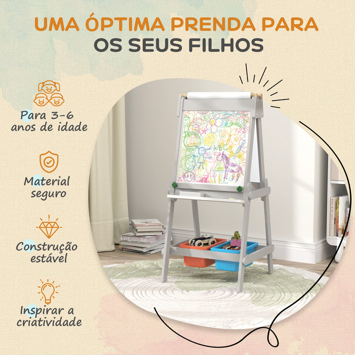 Cavalete para Crianças Cavalete de Pintura para Crianças 3 em 1 Ardósia Dupla com Rolo de Papel Apagador e Caixas de Arrumação 51x50x108 cm Cinza
