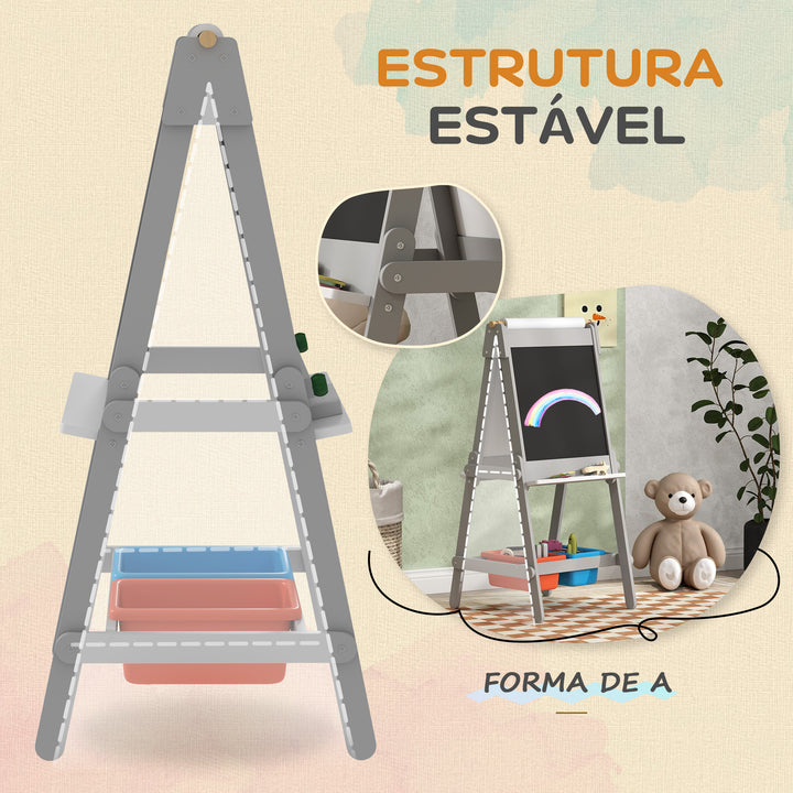 Cavalete para Crianças Cavalete de Pintura para Crianças 3 em 1 Ardósia Dupla com Rolo de Papel Apagador e Caixas de Arrumação 51x50x108 cm Cinza