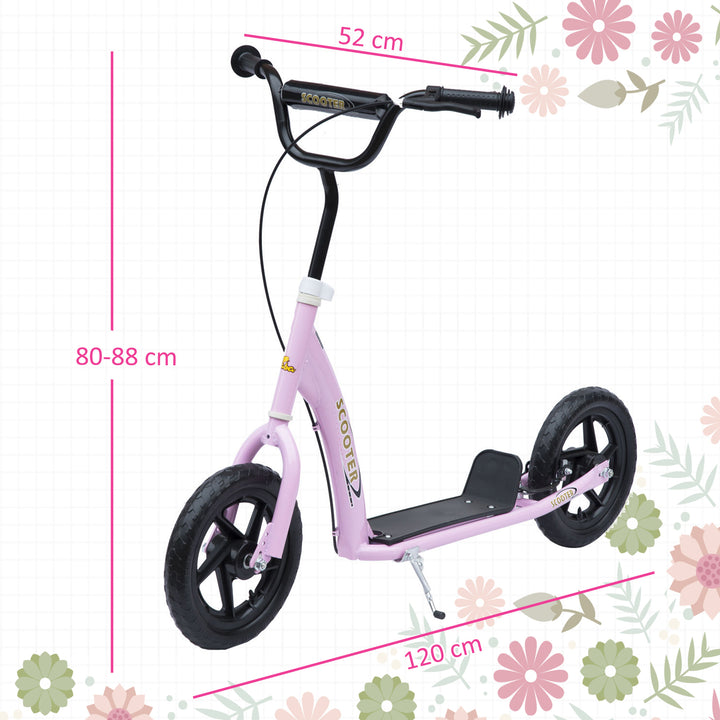 Trotinete para Crianças acima de 5 anos Scooter de 2 Rodas Grandes de 12 Polegadas com Freio e Guidão Ajustável em Altura Carga Máx. 100kg 120x52x80-88cm Rosa