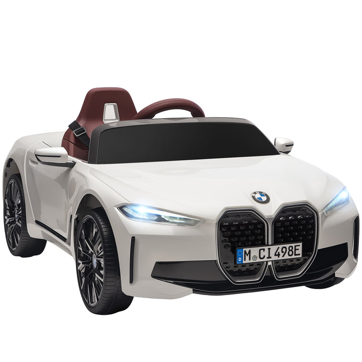 Carro Elétrico para Crianças 37-72 Meses com Licença BMW i4 Carro a Bateria 12V com Controlo Remoto Música MP3 Ecrã Luzes e Cinto de Segurança 115x67x45 cm Branco