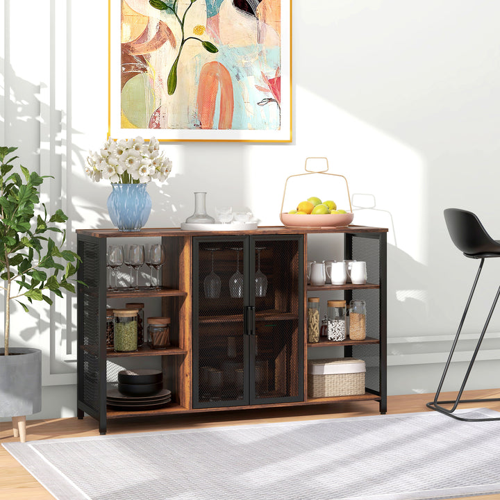 Aparador de Cozinha Industrial Móvel de Armazenamento de Garrafas com 6 Prateleiras Abertas Suporte para Copos e Prateleira Ajustável para Bar Sala Cozinha 120x40x76 cm Castanho Rústico
