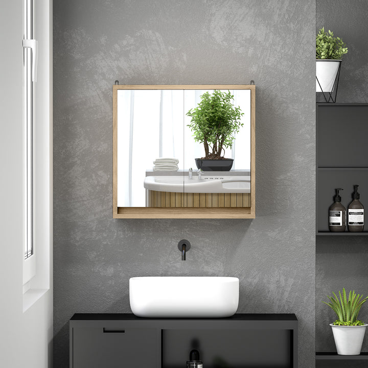 Armário de Casa de Banho com Espelho Móvel Suspenso de Casa de Banho com Prateleira Interior Ajustável em 3 Níveis e 2 Portas 48x14,5x45 cm Madeira