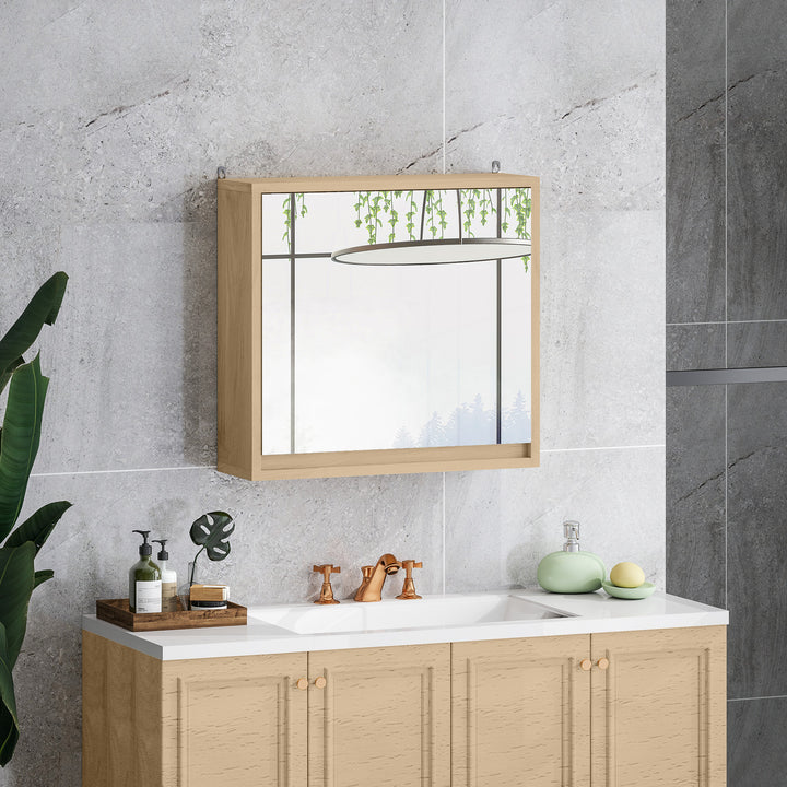 Armário de Casa de Banho com Espelho Móvel Suspenso de Casa de Banho com Prateleira Interior Ajustável em 3 Níveis e 2 Portas 48x14,5x45 cm Madeira