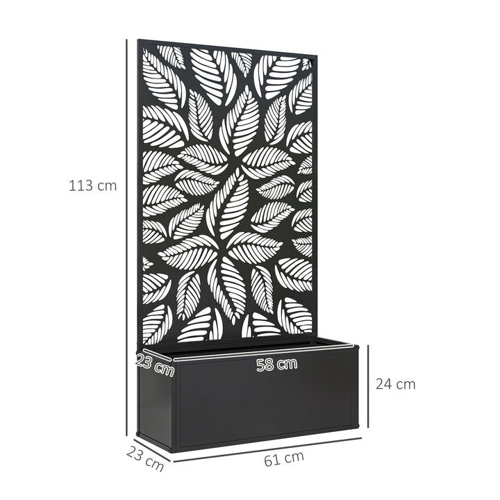 Floreira de Exterior Floreira de Metal com Ecrã de Privacidade com Folhas Decorativas Floreira de Parede ou Independente para Pátio Varanda 61x23x113 cm Preto