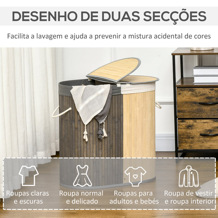 Cesto de Roupa Suja de Bambu Capacidade de 100L Cesto para Roupa Suja com Tampa Rebatível e Bolsa com 2 Compartimentos Amovível 62,5x37x60,5cm Cinza e Madeira