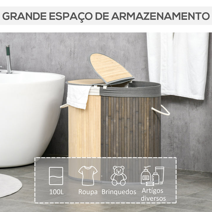 Cesto de Roupa Suja de Bambu Capacidade de 100L Cesto para Roupa Suja com Tampa Rebatível e Bolsa com 2 Compartimentos Amovível 62,5x37x60,5cm Cinza e Madeira