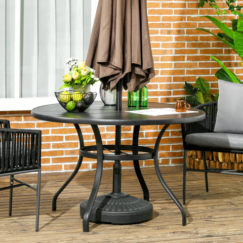 Mesa de Jardim Redonda de Aço Ø115x72 cm Mesa de Exterior com Bancada em Ripas Orifício para Chapéu de Sol Resistente às Intempéries e Fácil de Montar Preto