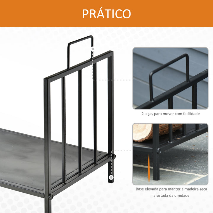 Prateleira de lenha para lareira tradicional Armazenamento de madeira com alças 44,5x33x46,5 cm Preto