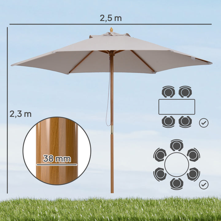 Chapéu de Sol de Madeira Ø250x230 cm para Exterior com 6 Hastes Sistema de Corda com Fixação Desmontável Portátil Fácil de Guardar e Transportar Cinza