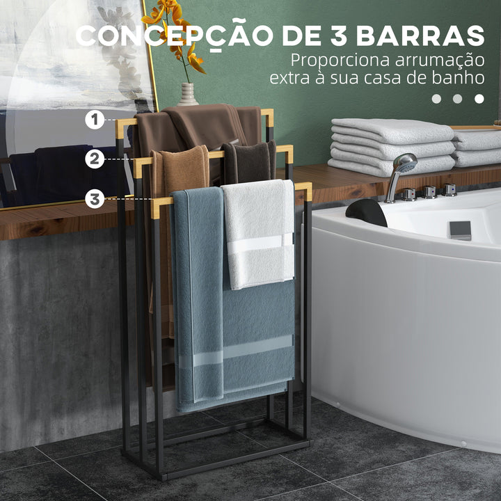 Toalheiro de Pé de 3 Níveis Toalheiro em Forma de Escada com 3 Barras de Bambu e Estrutura de Aço para Casa de Banho 45x22,5x86 cm Preto e Natural