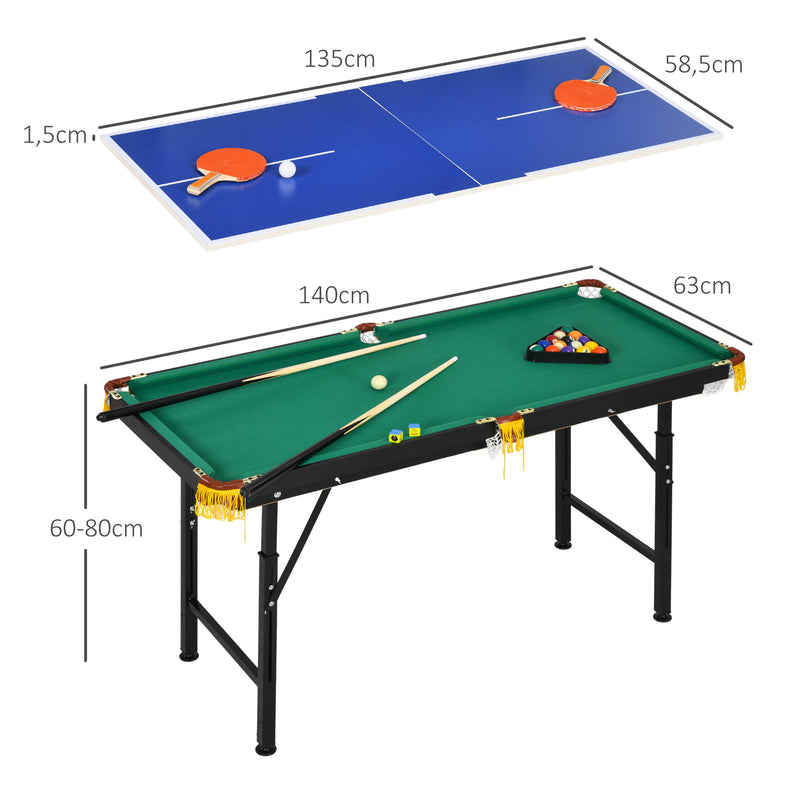 2 em 1 Mesa Multijogos para Crianças de 6+ Anos Mesa de Bilhar e Ping Pong Dobrável com Altura Ajustável e Acessórios 140x63x60-80 cm Multicolor