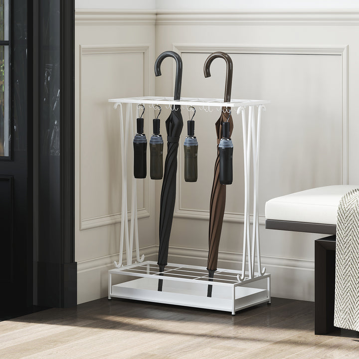 Suporte para Guarda-Chuva Moderno Retangular Suporte para Guarda Chuvas de Aço com 24 Ganchos 21 Espaços e Bandeja Recolhedora de Gotas Amovível para Entrada Escritório 50x24x68 cm Branco