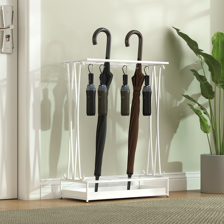 Suporte para Guarda-Chuva Moderno Retangular Suporte para Guarda Chuvas de Aço com 24 Ganchos 21 Espaços e Bandeja Recolhedora de Gotas Amovível para Entrada Escritório 50x24x68 cm Branco
