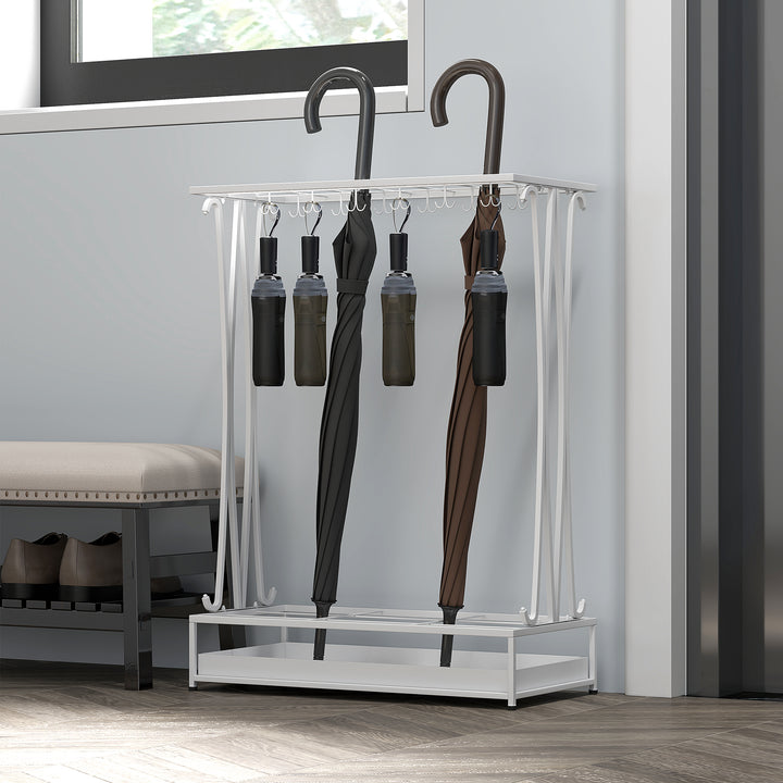 Suporte para Guarda-Chuva Moderno Retangular Suporte para Guarda Chuvas de Aço com 24 Ganchos 21 Espaços e Bandeja Recolhedora de Gotas Amovível para Entrada Escritório 50x24x68 cm Branco
