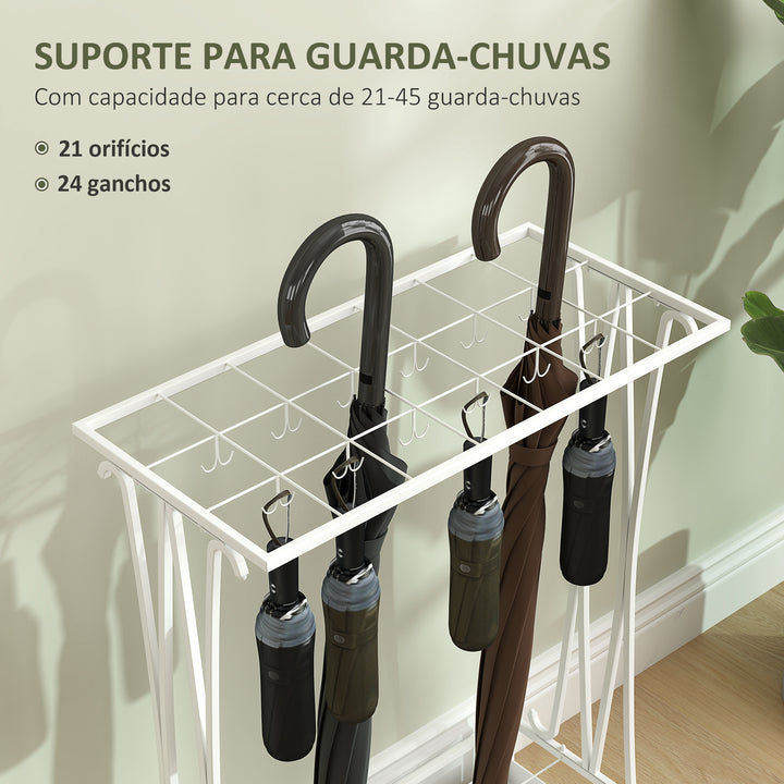 Suporte para Guarda-Chuva Moderno Retangular Suporte para Guarda Chuvas de Aço com 24 Ganchos 21 Espaços e Bandeja Recolhedora de Gotas Amovível para Entrada Escritório 50x24x68 cm Branco